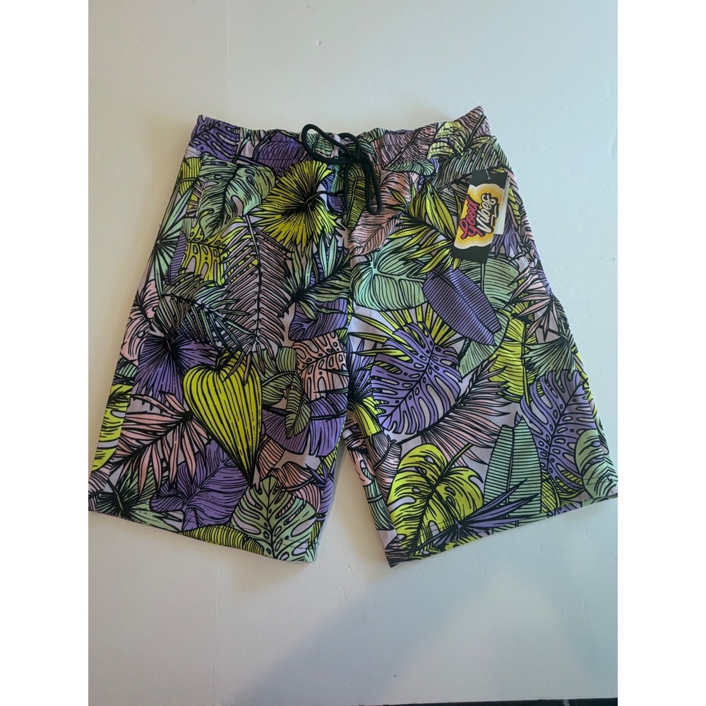 Good Vibes Mens Tropical Leaf Print Shorts‎ Purple Green Pink Drawstring NWT M